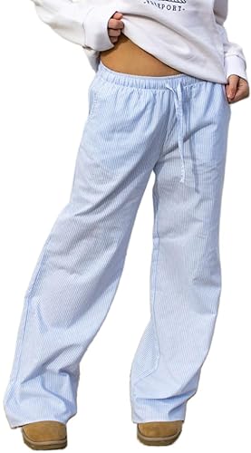 Striped Lounge Pants Womens Plaid Checkered Wide Leg Pajama Pj Pants Y2k Comfy Linen Drawstring Gingham Sleep Pants - Dark Blue - Small