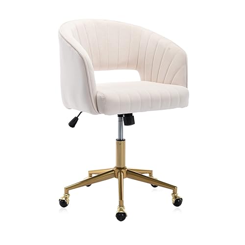 Eifizek Velvet Office Desk Chair, Modern Home Desk Chair with Wheels & Gold Base, Swivel Vanity Chair for Bedroom, Office, Vanity Study (Beige) - Cream