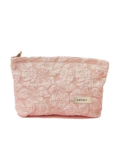 ZUCOLUS Pink Cotton Makeup Pouch,Coquette Quilted Cosmetic Bags For Women, Girls Floral Pencil Bag, Aesthetic Travel Toiletry Bag