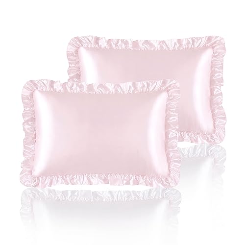 HommxJF Silky Satin Ruffled Pillow Cases for Hair and Skin,Blush Pink Silk Pillowcases Standard Set of 2 with Envelope Closure Princess Room Decoration - Blush Pink - Standard（20x26）