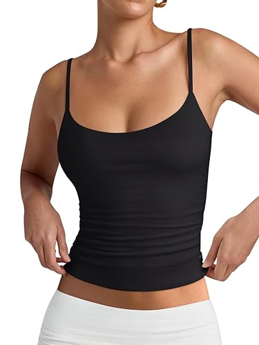 PINKMSTYLE Women's Basic Double Lined Scoop Neck Tank Tops Adjustable Cami Tank Summer Sleeveless Tops - Black - Medium