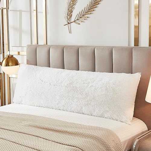 JAUXIO Faux Fur Fluffy Body Pillow Cover Luxury Shaggy Plush Decorative Solid Body Pillowcase, Ultra Soft and Cozy Zipper Closure 21 x 54 Inches, White - White - 21" x 54"