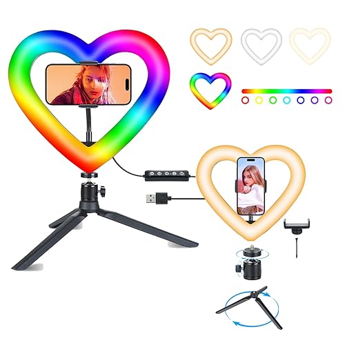 10" RGB Ring Light with Tripod Stand and Phone Holder,Selfie Ring Light with 47 Color Modes,Desk Ring Light for iPhone&Android,Computer/Desktop/Video Recording/Online Meetings/Makeup Light - 10inch