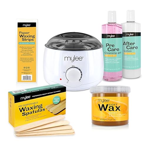 Mylee Complete Waxing Kit, Includes Salon Quality Wax Heater, Soft Cream Wax, Waxing Strips, Spatulas and Mylee Pre & After Care Lotion (Honey) - Honey