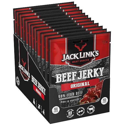 Jack Link's Beef Jerky, Original Flavour, Multipack of 12 x 40g Bags, High Protein Meat Snack, Perfect for On the Go or Post Gym - Original - 40 g (Pack of 12)