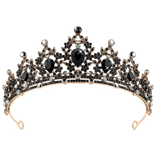 CAVETEE Black Crown for Women Gothic Crown Headpiece Halloween Decorations Birthday Tiara Vintage Rhinestones Black Baroque Queen Crown Wedding Bridal Crown Black Tiaras and Crowns for Women Girls - Black
