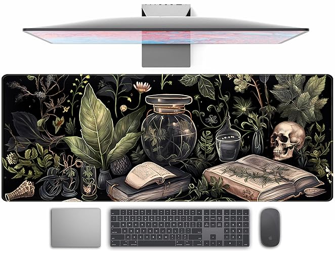 Dark Academia Desk Mat Mouse Pad XL Extended Large Gaming Desk Pad Mousepad, Mystical Green Plant Computer Laptop Keyboard and Mouse Mat, Desktop Protector Mat for Women Girl Office 31.5x11.8 in - Dark Academia - 31.5" x 11.8"
