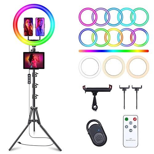 12" Selfie Ring Light with 75" Tripod Stand & 2 Phone Holder, LED Camera Ringlight with 48 RGB Colors Modes & Musical Rhythm Mode and 12 Brightness Dimmable for TikTok/Makeup/Photography/Vlog - 12" Musical Version
