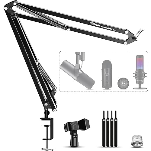 Microphone Boom Arm Desk Mount for Wave/Blue Yeti/Hyperx Quadcast/SM7B/SM58/MV7, Upgraded Metal Stable Heavy Duty Adjustable Scissor Desk Microphone Stand with Handheld Mic Clip, 3/8" to 5/8" Adapter - New light Mic Arm Black