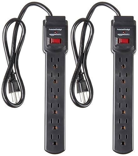 Amazon Basics Surge Protector Power Strip, 6-Outlet with 200J Protection, 2ft Extension Cord, Rectangle, Black (2 Pack) - Black - 2-feet