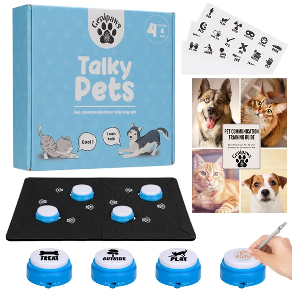 Genipaws - Cat & Dog Talking Button Starter Pack: 4 x Recordable Sound Buttons with Holding Mats, Stickers, Training Guide and Pre-Installed Batteries - Blue
