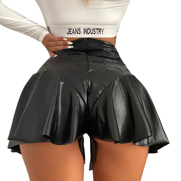 Women Leather Skirts High Waist Ruffles PU Mini Skirt Ruffles Shorts Streetwear Plastic Leggings - Black Medium