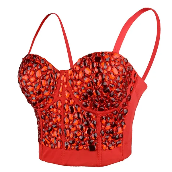 ELLACCI Women's Sexy Rhinestone Punk Bustier Crop Top Push Up Corset Bra Red - Medium