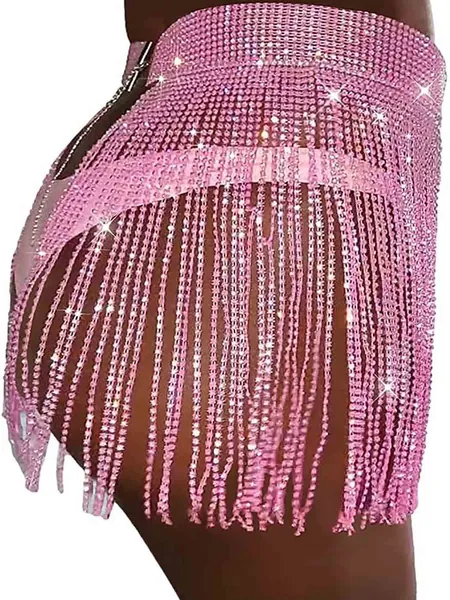 Zeelina Rhinestone Fringe Belt Skirt Black Sparkly Wrap Skirts Crystal Belly Dance Tassel Hip Scarf Rave Outfit for Women - Pink