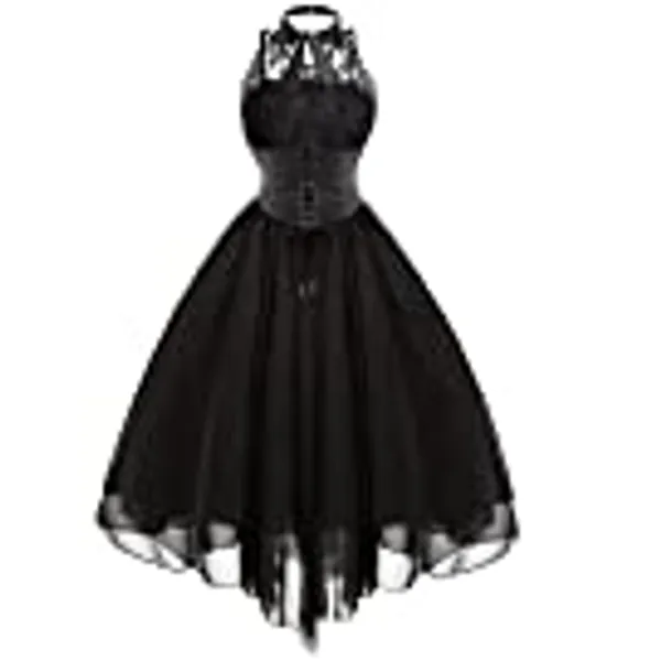 Women Steampunk Gothic Dress with Corset Halter Floral Lace Cocktail Swing Dress Handkerchief Hem Halloween Punk Hippie Dress