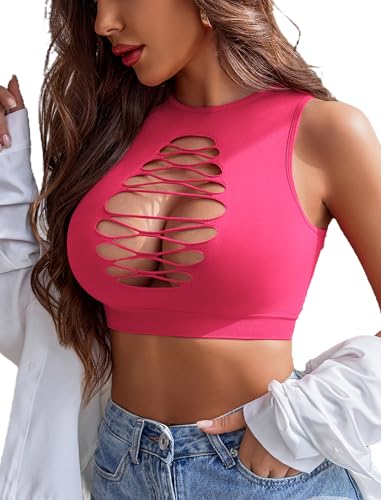 Avidlove Women's Fishnet Top Sexy Cut Out Crop Short Hollow Out Cropped Tank Top(S M L) - One Size - Rose Red