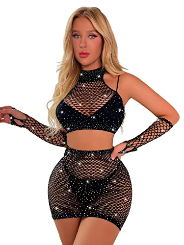 WDIRARA Women's Sexy Fishnet Lingerie Bodysuit Sparkle Rhinestone Stripper Outfits Exotic Sets - One Size - Black