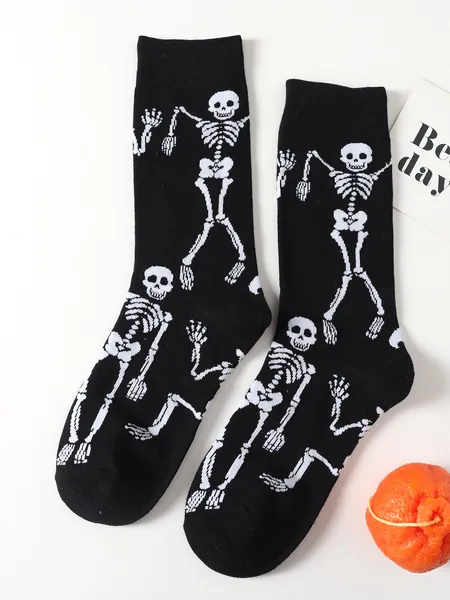 1pair Women's & White Fun Skull Design Dance, , Sports, Ins Style, Mid-calf Socks