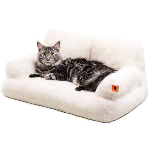 Pet Couch Bed, Washable Cat Beds for Medium Small Dogs & Cats up to 25 lbs, Durable Dog Beds with Non-Slip Bottom, Fluffy Cat Couch, 26×19×13 Inch - White