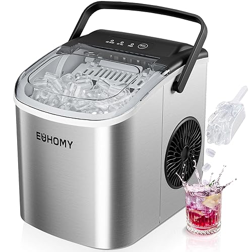 EUHOMY Countertop Ice Maker Machine with Handle, 26lbs Per Day, 9 Ice Cubes Ready in 6 Mins, Auto-Cleaning Portable Ice Maker with Basket and Scoop, for Home/Kitchen/Camping/RV (Silver) - ICE MACHINE - 11.57"D x 11.42"W x 8.74"H - Light Grey
