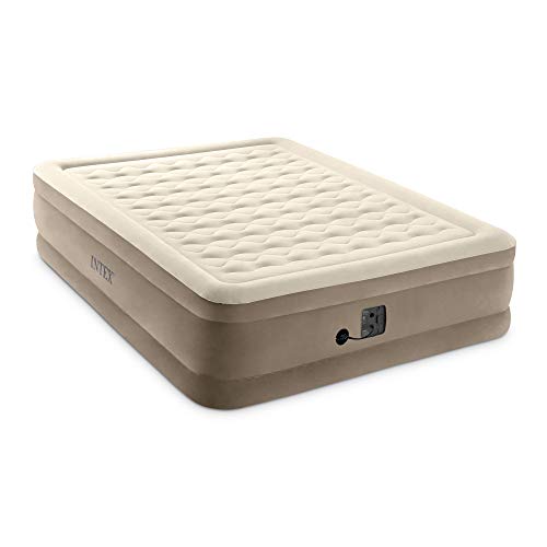 Intex Ultra Plush Fiber-Tech 18 Inch High Queen Inflatable Airbed Elevated Air Mattress with Built-in Pump, Flocked Top, and Carry Bag, Tan