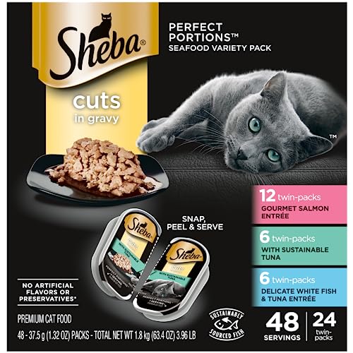 SHEBA PERFECT PORTIONS Cuts in Gravy Adult Wet Cat Food Trays (24 Count, 48 Servings), Gourmet Salmon, Sustainable Tuna, And Delicate Whitefish & Tuna Entrée, Easy Peel Twin-Pack - 2.64 Ounce (Pack of 24)