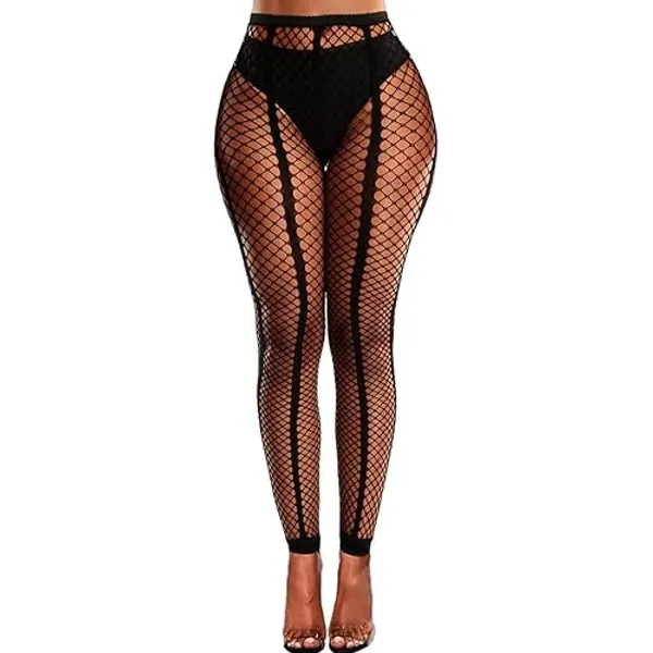 Buitifo Women Sexy Tights Fishnet Opening Leggings Stripe Pantihose Lingerie Pants