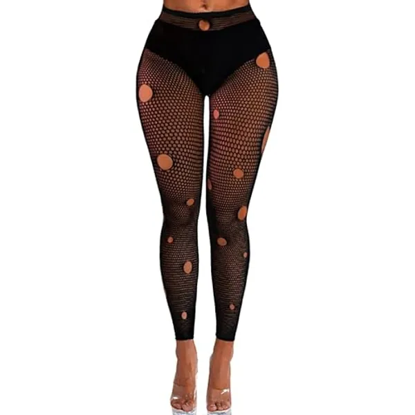 Buitifo Women Sexy Tights Fishnet Opening Leggings Stripe Pantihose Lingerie Pants