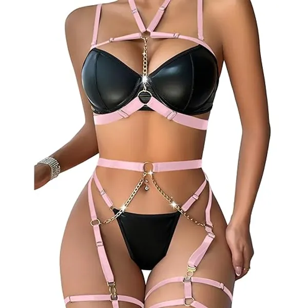 Lilosy Sexy Pu Leather Strappy Underwire Garter Belt Lingerie Set