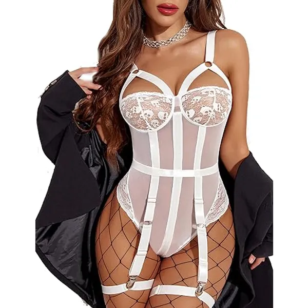 Avidlove Teddy Lingerie for Women with Garter Belt One Piece Lingerie Naughty Strappy Lingerie Lace Exotic Bodysuit