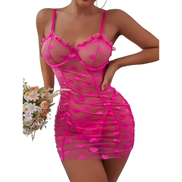 SOLY HUX Women's Sexy Heart Mesh See Through Lingerie Babydoll Sleepwear Sleeveless Ruffle Chemise Nightgown with Thong