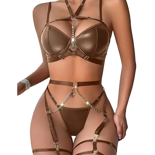 Lilosy Sexy Pu Leather Strappy Underwire Garter Belt Lingerie Set