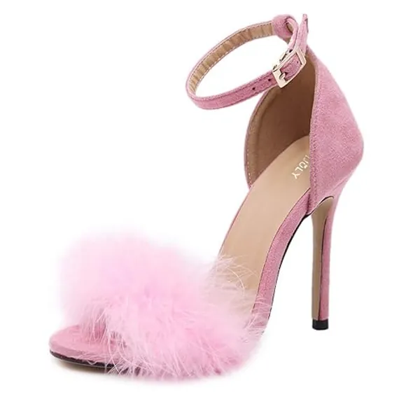 MMJULY Women's Open Toe Ankle Strap Fluffy Feather Stiletto High Heel Dress Sandal