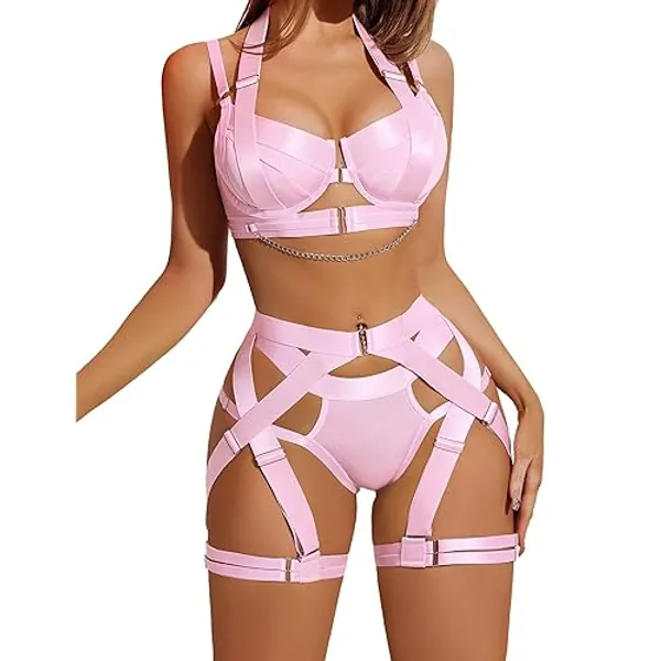 Avidlove Lingerie Set for Women Sexy Strappy Lingerie Underwire Push Up Bra Garter Set Lingerie with Chain