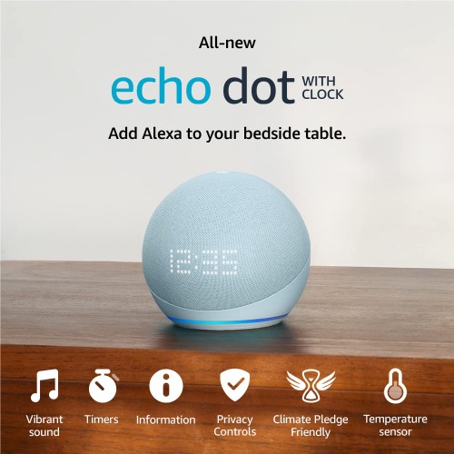Echo Dot (5th generation, 2022 release) smart Bluetooth speaker with clock and Alexa | Cloud Blue