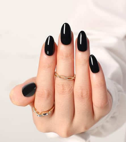 Morily Black Press on Nails Almond, 30Pcs Short Fake Nails Glossy Acrylic False Nails Reusable Full Cover Stick on Nails for Women and Girls, 15 Sizes, Thicker Fingertips - Black Short Almond