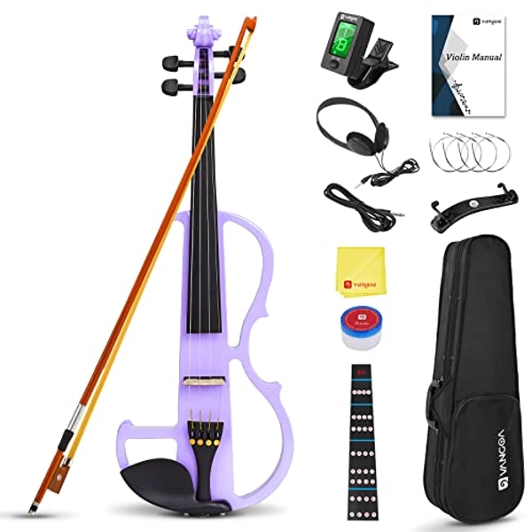 Vangoa Electric Violin 4/4 Full Size Silent Violin Set for Beginner Adults Teens, Solid Maple Wood Metallic Electronic Quite Violin with Ebony Fittings, Purple