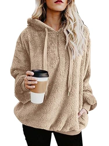 ReachMe Womens Oversized Sherpa Pullover Hoodie with Pockets Fuzzy Fleece Sweatshirt Plaid Fluffy Jacket Coat - Medium - A Khaki
