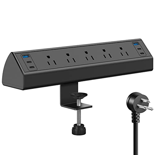 40W Fast Charging Station, Desk Clamp Power Strip with 4 PD USB-C Ports, 5 AC Outlets and 6ft Cord, Fits 1.6" Tabletop Edge - 5 Outlets & 6 USB Ports - Black
