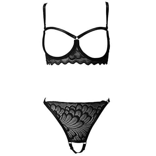 VicSec Conjunto Lencería Mujer Sexy Encaje Ropa de Dormir Sexy Mujer Lingerie Bordado Ropa Interior Sujetador Transparente Triangular y Tanga Sexy Dessous Set, S-XL - S - Negro-a