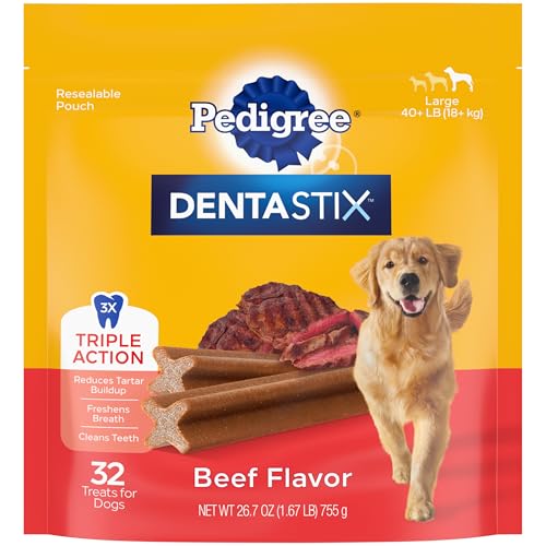 PEDIGREE DENTASTIX Large Dog Dental Treats Beef Flavor Dental Bones, 1.67 lb. Pack (32 Treats) - Beef - 1.67 Pound (Pack of 1)