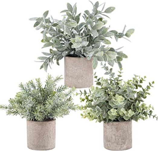 Der Rose 3 Pack Mini Potted Fake Plants Artificial Plastic Eucalyptus Plants Topiaries for Home Office Desk Farmhouse Room Decor - Grey-a