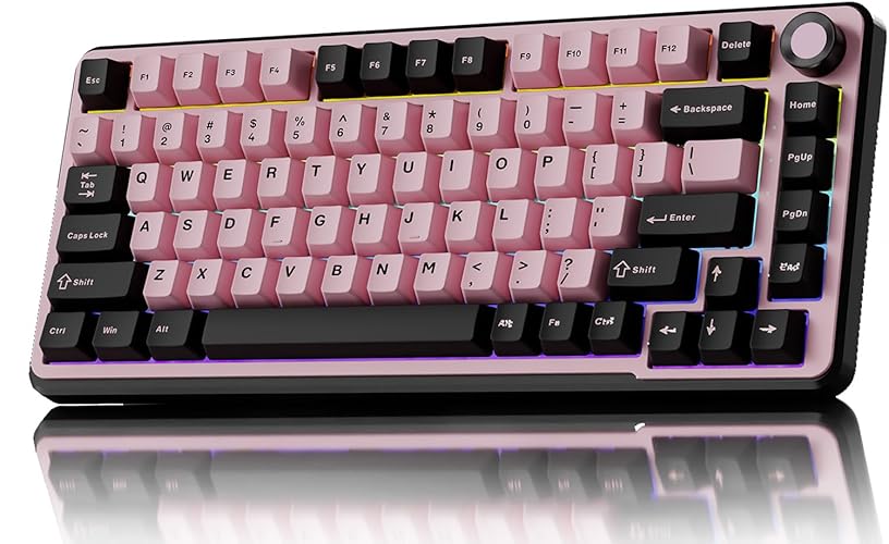 EWEADN GS75 Wireless Mechanical Keyboard, 75% Gaming Keyboard Gasket Hot Swappable Custom Keyboard with RGB, Knob, PBT Keycaps BT5.0/2.4G/USB-C Creamy Keyboard (Kailh Cyan Sea Switches, Pink & Black) - Pink & Black