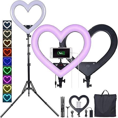 Heart Shaped Ring Light with Stand 19-Inch Seven-Color Dimming Led Heart Ring Light 360° Rotatable Floor lamp for Anchor Live Broadcast Fill Light