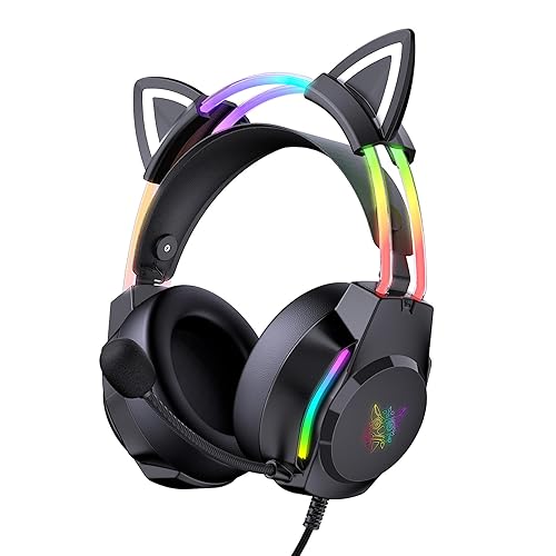 ONITOON Gaming Headset with Microphone, Cat Ear Headphones for PC Laptop PS4 PS5 Xbox Switch, Rainbow RGB Lighting & Virtual Surround Sound, 3.5mm Wired Over Ear Headphones, Ergonomic - Black