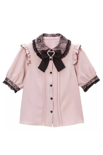 Doll Collar Short Sleeves Bowknot Sweet Jirai Kei Japanese Lolita Blouse 4 Colors | 6XL / Pink