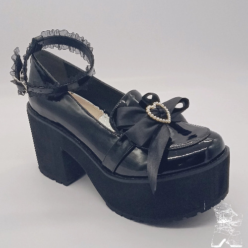 Jirai Kei Shoes High Heel Platform Shoes Lace Bow Shoes | 46 / Black mirror