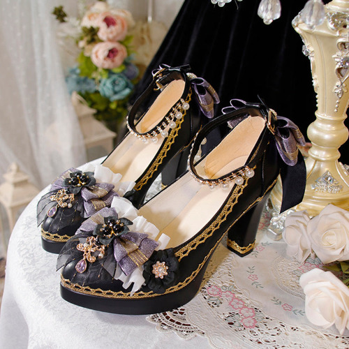 Bowknot Lace Sweet Lolita High Heels 6 Colors | 44 / Black/Purple