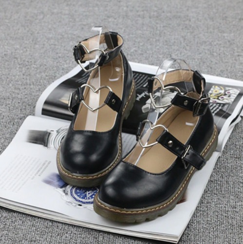 Heart Buckle Wedge Shoes - Black / 8.5