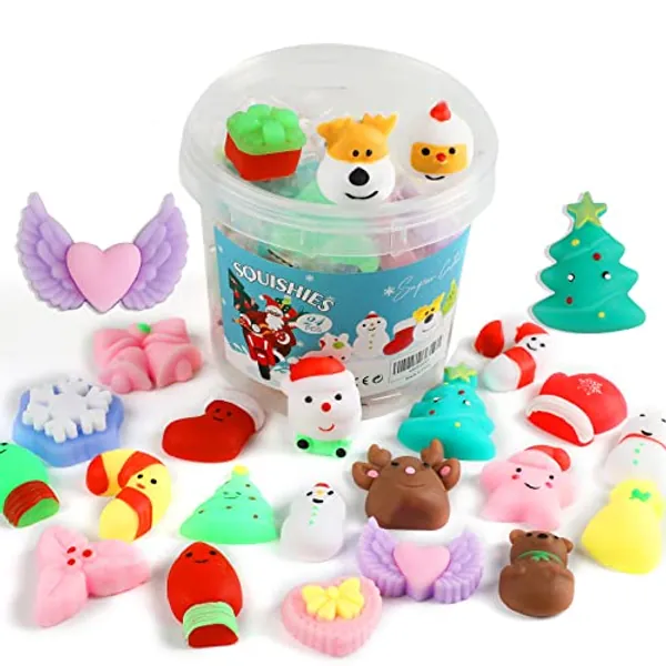 KINGYAO Squishy Fidget Toys, Mini Mochi Squishies 24 Pcs Party Christmas Mochi Favors for Kids Kawaii Snow Man Squishy Stress Relief Toys with Storage Box
